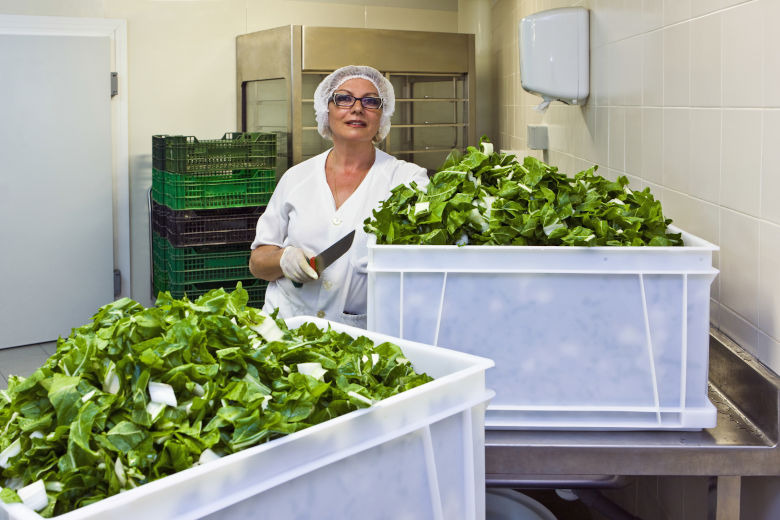 En kvinna står bredvid två lådor fyllda med hackade grönsaker. Foto.