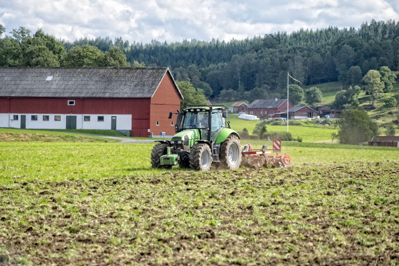 En traktor plöjer en åker. Foto.