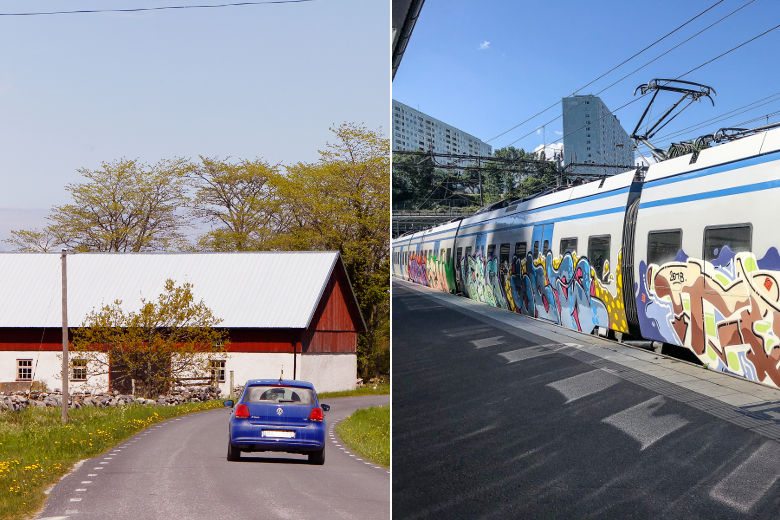 Tudelad bild med en bil som kör på en landsväg på vänster sida och ett tåg som står vid en perrong på höger sida. Foto.