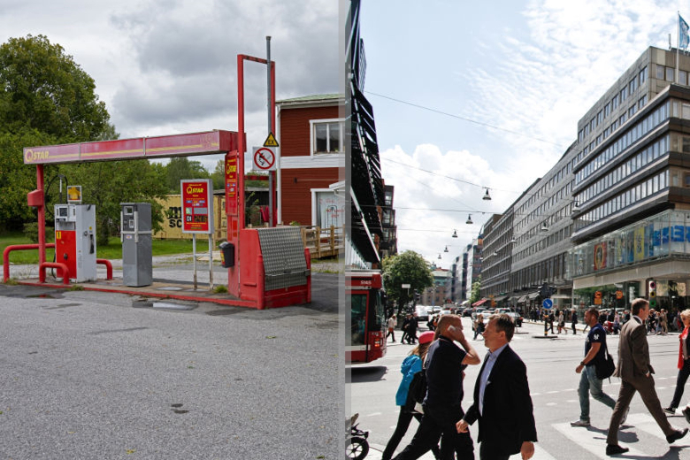 Tudelad bild med en tom bensinmack på vänster sida och en välbefolkad gata i urban miljö på höger sida. Foto.